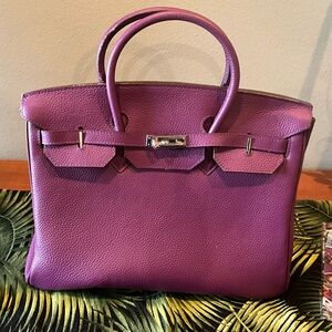 XL Purple Leather Birkin Inspired Top Handle Satchel | Structured Handbag
